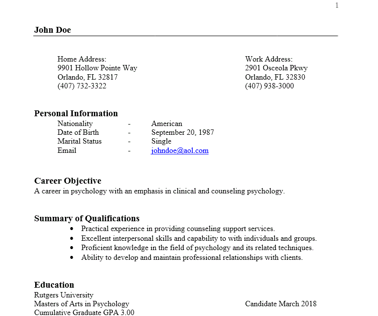 Example Curriculum Vitae (part 1)